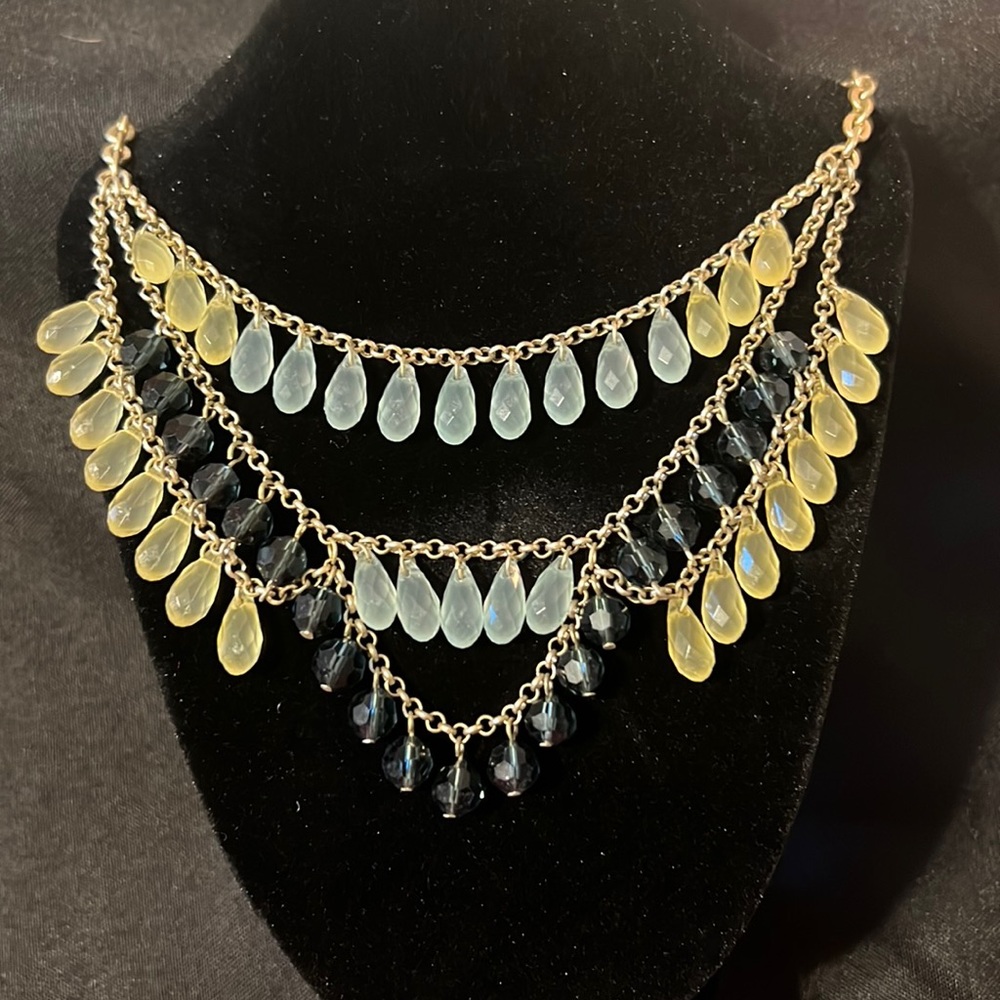 Lia Sophia gold necklace with navy, teal and yellow